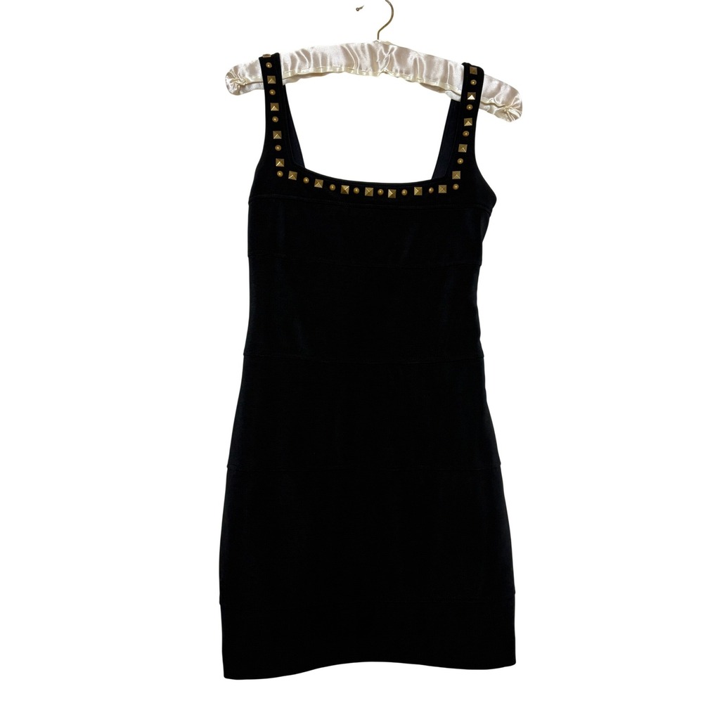 Cache Black Studded Bandage Mini Dress‎ Gold Studs Square Neck Size 8
